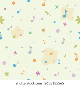 Seamless vector pattern with colorful music notes in modern flat style. Perfect for wrapping paper, kids products, music apps, backgrounds, textiles, wallpapers, and creative digital projects