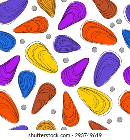Seamless vector pattern with colorful mussels. Linear hand drawn elements.