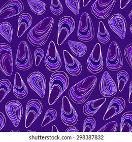 Seamless vector pattern with colorful mussels. Linear hand drawn elements.