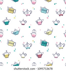 Seamless vector pattern with colorful neon teapots on white background