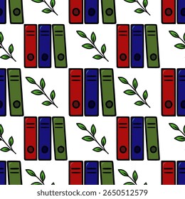 Seamless vector pattern of colorful office folders and green leaves, a playful design for stationery or educational materials.