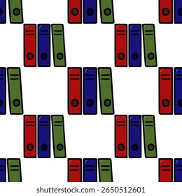 Seamless vector pattern of colorful office binders, a cheerful and organized design with red, blue, and green binders arranged in a repeating pattern, perfect for office-themed projects.