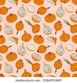 Seamless vector pattern of colorful onion halves, slices and wholes. Flat illustration of onions background.