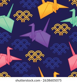 Seamless vector pattern with colorful origami cranes and Japanese wave motifs on a dark background. Modern, bold, and ideal for textiles, wrapping paper, and fabric design.