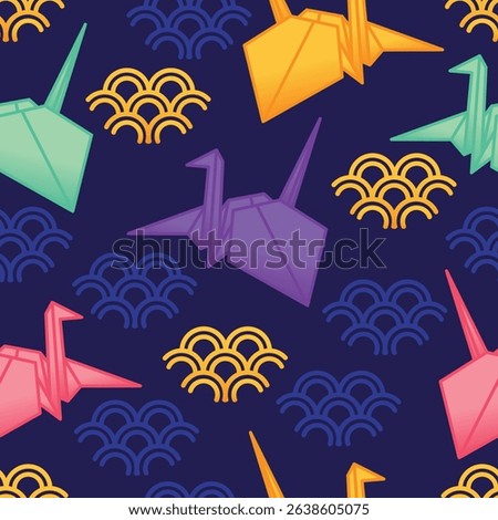 Seamless vector pattern with colorful origami cranes and Japanese wave motifs on a dark background. Modern, bold, and ideal for textiles, wrapping paper, and fabric design.