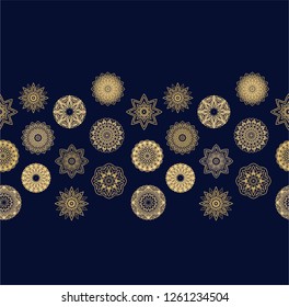 Seamless vector pattern with colorful ornamental rosettes -snowflakes on dark background