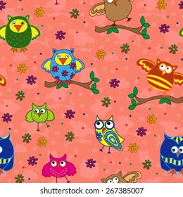 Seamless vector pattern with colorful ornamental owls on a terracotta background