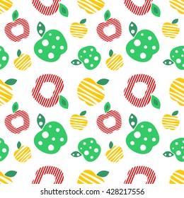 Seamless vector pattern with colorful ornamental different apples on the white background. Repeating ornament. Series of Fruits and Vegetables Seamless Patterns.
