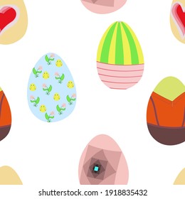 A seamless vector pattern of colorful ornamented eggs isolated on white background. Designed for print, textile, wraps, background for adults and kids.