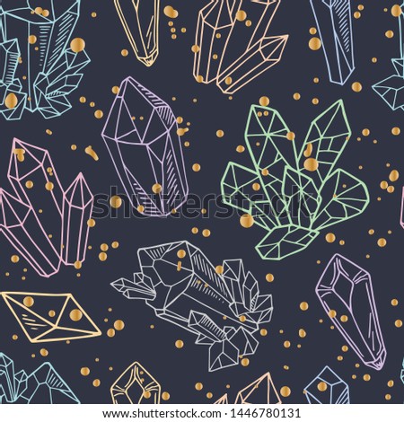 Seamless vector pattern - colorful outline crystals or gems, on black background, endless texture with gemstones, stars, diamonds, hand drawn or doodle illustration