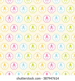 Seamless vector pattern with colorful pacifiers in circles. For cards, invitations, wedding or baby shower albums, backgrounds, arts and scrapbooks. 