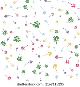 Seamless vector pattern with colorful palm trees in line-art style on a white background. Vintage tropical wallpaper
