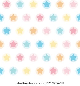 Seamless vector pattern with colorful pastel stars in circles. Soft yellow, pink and blue circles and five-pointed stars on white background for baby shower, fabric, textile, decor, invitation, cards
