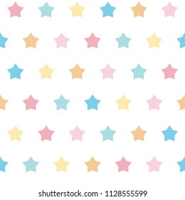 Seamless vector pattern with colorful pastel small stars. Soft yellow, pink and blue five-pointed stars on white background for baby shower, fabric, textile, decor, web design, invitation, cards.
