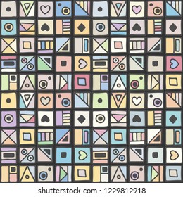 Seamless vector pattern, colorful pastel background with different hand drawn symbols, decorative doodle squares. Symmetrical cute ornament for decoration fabric, wallpaper, prints. Graphic design