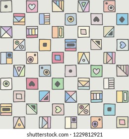 Seamless vector pattern, colorful pastel background with different hand drawn symbols, decorative doodle squares. Symmetrical cute ornament for decoration fabric, wallpaper, prints. Graphic design