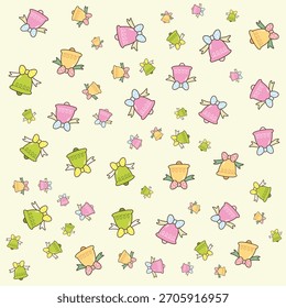 Seamless vector pattern of colorful pastel bells with ribbons on a light background. Cute and cheerful festive design for Christmas, New Year, gift decoration, greeting cards, and textile prints