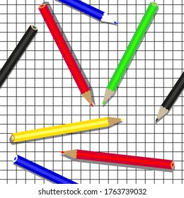 seamless vector pattern of colorful pencils on checkered paper