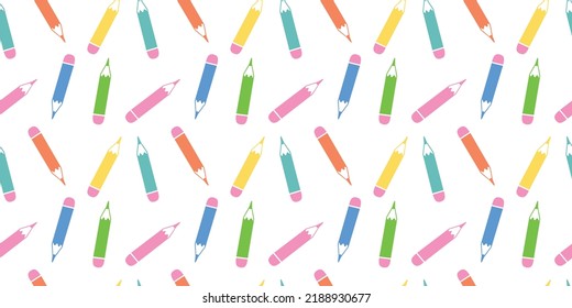 Seamless vector pattern with colorful pencils. Back to school concept. Seamless pattern with stationery. Bright multi-colored banner, poster, postcard, print, wallpaper, wrapping paper