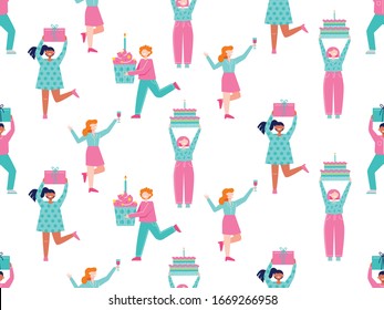 Seamless Vector Pattern With Colorful People Characters Holding Gift Boxes And Birthday Cake. Flat Style Illustration.