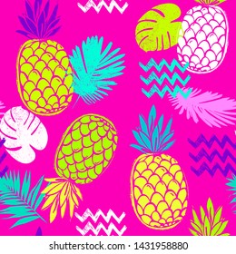 Seamless vector pattern with colorful pineapple. Hand drawing summer print. Fruit design for fabric 