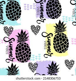 Seamless vector pattern with colorful pineapple. Hand drawing summer print. Fruit design for fabric