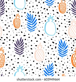 Seamless vector pattern with colorful pineapples and leaves