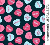 Seamless Vector Pattern of Colorful Pink and Blue Love-Themed Candy Hearts with Romantic Phrases, on a Dark Blue Background. Ideal for Valentines Day themes, Romantic Designs, and Heartfelt Projects