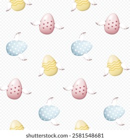 Seamless vector pattern with colorful (pink with hearts, blue with polka dots and striped yellow) flying Easter eggs with wings