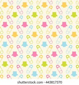 Seamless vector pattern with colorful pins (stickpins) and owl. For cards, invitations, wedding or baby shower albums, backgrounds, arts and scrapbooks.