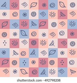Seamless vector pattern. Colorful plaid ornament with hand drawn elements inside squares. Vintage style colors. Useful for gift wrapping.