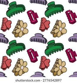 Seamless vector pattern of colorful plastic hair claw clips and floral hair clips
