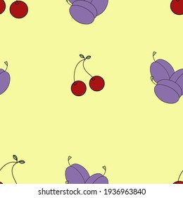A seamless vector pattern of colorful plums and cherries isolated on yellow background. A design element for prints, textiles, backgrounds, wraps for adults and kids.
