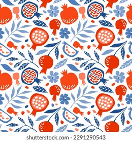 Seamless vector pattern with colorful pomegranates on a white background. For wallpaper, paper, textile, scrapbooking. Digital illustration.