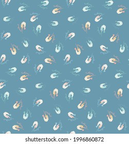 Seamless vector pattern with colorful prawns or shrimps. Underwater inhabitants for kids. Pattern with prawns on the dark blue background. Adorable sea creatures. Simple shrimp pattern. Underwater
