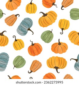 Seamless vector pattern with colorful pumpkins. Perfect for Thanksgiving, Halloween print, wrapping paper