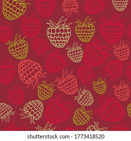 nahtlose Vektorgrafik mit bunten Himbeeren auf bordeauxfarbenem Hintergrund 