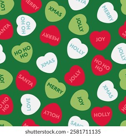 Seamless Vector Pattern of Colorful Red, White and Green Love-Themed Candy Hearts with Romantic Phrases, on a Green Holiday Background. Ideal for Valentines Day themes, Romantic Designs