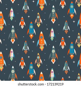 Seamless vector pattern of colorful rockets in outer space among the stars (birthday party, wedding celebration, wrapping paper, textile, wallpaper design)