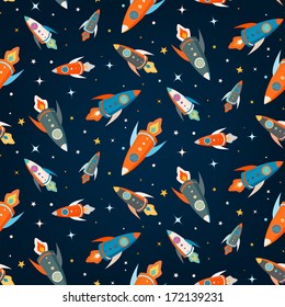 Seamless vector pattern of colorful rockets in outer space among the stars (birthday party, wedding celebration, wrapping paper, textile, wallpaper design)