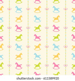 Seamless vector pattern with colorful rocking horses and stripes. Best Choice for cards, invitations, printing, party packs, blog backgrounds, paper craft, party invitations, scrapbooking.