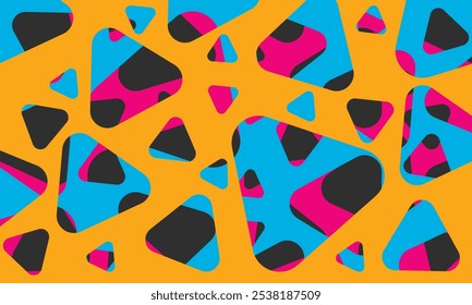 Seamless vector pattern, with colorful rounded triangles on abstract background.