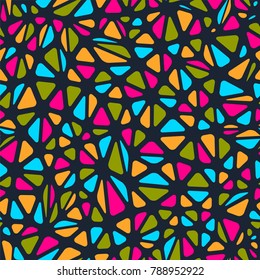 Seamless vector pattern, with colorful rounded triangles on dark background.