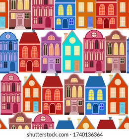 Patrón vectorial sin foco con casas escandinavas coloridas. Ilustración vectorial.