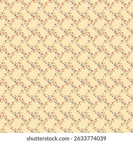 Seamless vector pattern with colorful scattered hearts in red, yellow and blue arranged in a geometric diagonal grid. Modern minimalist design, for Valentine's Day