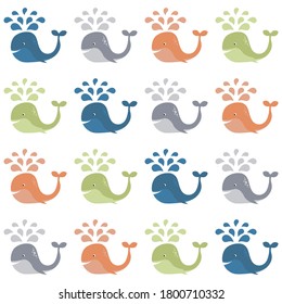 Seamless vector pattern with colorful sea whales and water drops. Vector illustration in flat style for wrapping paper, Wallpaper, fabric printing.