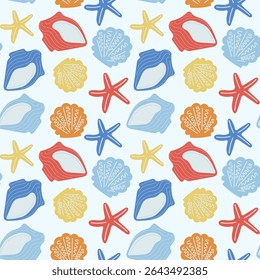 Padrão de vetor sem emenda de conchas coloridas e estrelas-do-mar em um fundo claro para projetos com temática de praia