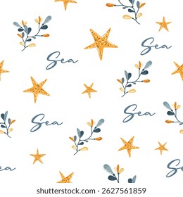 Seamless Vector Pattern with Colorful Seaweed, Starfish, and "Sea" Typography on White Background – Nautical Ocean Design for Summer Projects, Beach-Themed Stationery, Holiday Packaging, Coastal Busin