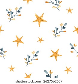 Seamless Vector Pattern with Colorful Seaweed and Starfish on White Background – Summer Marine Design for Beach-Themed Stationery, Coastal Decor, Holiday Packaging, and Nautical Business Branding

