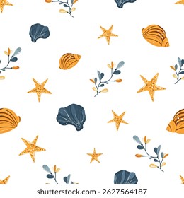 Seamless Vector Pattern with Colorful Seaweed, Starfish, and Seashells on White Background – Summer Marine Design for Beach-Themed Stationery, Coastal Decor, Nautical Packaging, and Holiday Business B